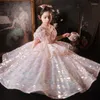 Girl Dresses Pink Flower Girls Dress V-Neck Tiered Sequins Prom Ball Gown 1-12 Years Old Children First Communion Party Vestidos Kids Robe