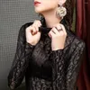 Women's Blouses 2023 Autumn Mesh Bottom Blouse Women High-necked Western-style Letter-printed Black Lace With Sexy Gauze