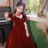 Girl Dresses Red Flower Girls Dress Square Collar Short/Long Sleeve Bowknot Velvet Wedding Party Gown Simple Elegant Kids Prom
