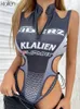 Women's T Shirt KLALIEN Sexy Print Letter Bodysuit Women Summer Casual Skinnny Stretch Zipper Backless Activewear Female Romper Y2K 230329