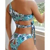 Costumi da bagno da donna 2 pezzi Bikini da donna Trendy Foglia stampata Una spalla Cravatta laterale Canotte Pantaloni da bagno Costume da bagno Estate Donna Costume da bagno