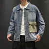 Men's Jackets Mens Vintage Cargo Jeans Jacket With Big Pockets Fashion Retro Denim Coat Outerwear For Male Washed Blue