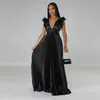 Casual Dresses Sexy Ruffles Sleeve Deep V-neck Backless Satin Pleated Maxi Dress For Women Elegant Evening Party Club Birthday Long Gown