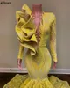 Daffodil Yellow Mermaid Prom Dresses Dubai Arabic Sequined Lace Ruffles Vintage Formella aftonklänningar Slim och Flare Long ärmar Secial Eccident Party Dress CL2100