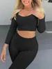 Active Set Women 2 Piece Yoga Outfits Långärmad Ribbed Crop Top High midje Leggings Set Casual Work Out träningsspår