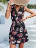 Casual Dresses Summer Chiffon Floral Print Short Dress Women Fashion White Bandage Sleeveless Beach V Neck 2023