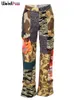 Kvinnors byxor Capris Strange Cat Camo Cargo Pants Y2K Women's Pocket Zipper High midje Patch Work Casual Trousers Street Hipster Wild Bottom 230329