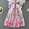 Casual Dresses Banulin Spring Fashion Runway Dress Women Stand Collar Long Sleeve Floral Print Maxi Pleated Vestidos Casual Holiday Robes Pink 230329