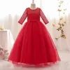 Robes de fille Fleur Fille Mariage Banquet Dentelle Longue Robe Pour Enfants Élégant Puffy Dentelle Bow Robe De Fête D'anniversaire Pageant Robe De Bal Robe Formelle