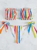 Women's Swimwear Colorful Striped Two-Piece Bikini Set Women Bandeau Bathing Suit Sexy Diamond Pendant Pleated Tube Tops With Thong