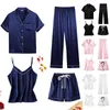 女性用スリープウェア4ピースパジャマセット女性の人工シルク染色イブニングドレスファッション快適なセクシーなストラップショーツプリントホーム服230329