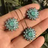 Halsband örhängen Set Fashion Flower for Women Green Stud Earring Pendant Cubic Zirconia Stone Charm Brud Bright Girl Jewelry