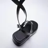 Sandals Summer Women Shoes Black Flat Leather Fashion Lace up Thick Soled Ankle Strap For ZA Pinch Toe Flip Flops 230329