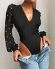 Womens Jumpsuits Rompers Winter Women Sexy Lace Puff Sleeve Red Bodysuit Blouse Solid VNeck Black See Through Body Top Patchwork Suit 230329