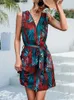 Casual Dresses Summer Chiffon Floral Print Short Dress Women Fashion White Bandage Sleeveless Beach V Neck 2023