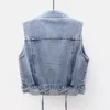 Kvinnors västar kvinnors denim väst blå ärmlös kvinnor jacka koreanska ultra-tunna jeansjacka med en breasted shorts överdimensionerad väst sommaren howdfeo 230329