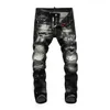 Mens Jeans Fashion Designer Slim Fit Trend Brand Jeans Pants Men tryckt rippade storstora jeans Spring Hip Hop Black Flower Hole Jeans Men 230328