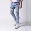 Impressão de jeans masculino Skinny Ripped for Men Slim Stretch Fashion Streetwear Hip Hop Hole Patchwork Small Feet Denim Troushers