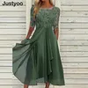 Casual Dresses Elegant Green Party Dress Women's ONeck Lace Half Sleeve Prom Dress Women's Solid ALine Dress Bohemian Sexy Long Dress 230329