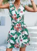 Casual Dresses Summer Chiffon Floral Print Short Dress Women Fashion White Bandage Sleeveless Beach V Neck 2023