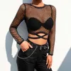 T-shirt Femme Sexy Mesh Goth T-shirt à manches longues Femmes évider Transparent Résille Top Été Vintage Coquette Crop Tops Streetwear Y2k Top P230328