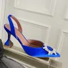 여자 럭셔리 디자이너 새틴 드레스 신발 해바라기 크리스탈 버클 장식 샌들 슬링 백 펌프 10cm 하이힐 샌들 35-42 상자가있는 여성 럭셔리 신발