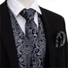 Mens Vests Designer Classic Black Paisley Jacquard Folral Silk Waistcoat Handkerchief Tie Vest Suit Pocket Square Set BarryWang 230329