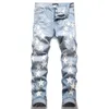 Jeans High Street America Mężczyźni haftowe spodnie gość zbudowany dżins do dziury 2023 Nowy moda streetwear chude szczupłe spodnie ołówkowe ukwq