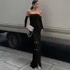 Günlük Elbiseler Püskül Etek Oymak Kapalı Omuz Maxi Elbise Zarif Seksi Örme Uzun Kollu Tatil Parti Giyim C16-EI34