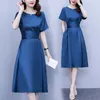 Casual Dresses High-end Acetate Satin Solid Color Loose Lace Slim Breathable Short-sleeved Dress Women's A Line Straps Waist Dresses Plus Size 230329