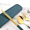 Geschirr-Sets Schwarz Gold Set Tragbare Reise 3-teilige Essstäbchen Gabel Löffel Besteck mit Box Küchenzubehör Besteck