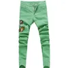 Men's Jeans 2023 Embroidered Men's Pants Solid Color Fashion Tight Classic Perforated Slim Fit Pink Yellow Green Denim