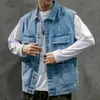 Men's Vests Mens Denim Vest Jackets Sleeveless Jean Coat Autumn Loose Casual Cargo Male Clothing Outerwear Blue Streetwear 230329