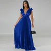 Casual Dresses Sexy Ruffles Sleeve Deep V-neck Backless Satin Pleated Maxi Dress For Women Elegant Evening Party Club Birthday Long Gown