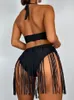 Women's Swimwear Swimwear Women Swimsuit Solid Black Bodysuit Fringed Monokini Sexy Halter Backless Bathing Suit Female Beach Wear 230328