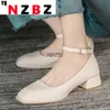 Scarpe eleganti Donna Retro Square Head Mary Jane Tacchi alti 2023 Moda autunno Sandali con fibbia tacco medio Cuoio elegante