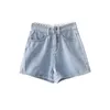 Kvinnors shorts kvinnors denim blå hög midja sommaren avslappnad botten knapp lös bred ben spets full matchande gatukläder a-line koreansk mode 230329