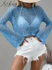 Women's T-Shirt Loose Crocheted Summer Hollow Sweater Women 2022 Trumpet Sleeve Short Pullovers Knitted Tops Beach Sexy Hollow Knit Top Sweater P230328