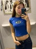 Damen T-Shirt Crop Top Y2K Tops Letter Print T-Shirt O-Ausschnitt Kurzarm Baby T-Shirts Damen Kleidung Basic Blau 90er Causal Streetwear Schwarzes T-Shirt 230329