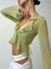 Koszulka damska Allneon Vintage 90s Streetwear Ruffles Trime Zielone szyfonowe koszulki Y2K Seksowne głębokie w koronce Długie rękawie Transparent P230328