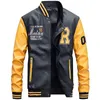 Men's Jackets Fleece Pilot Leather Jacket Hombre Embroidery Baseball Jackets Men Letter Stand Collar Pu Leather Hip Hop Coats Plus Size 4XL 230328