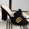 2023 Classic designer women brand Half slippers cowhide 100% leather Suede Thick heels Metal Slides woman shoe beach Lazy Sandals High heeled shoes