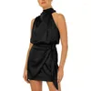 Casual Dresses Womens Sleeveless Halter Mock Neck Ruched Belted Wrap Satin Bodycon Mini Dress