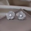 Studörhängen 14K Gold Plated Korea Fashion Jewelry Delicate Copper Set Zircon Flower Pearl Elegant Women's Party Accessories