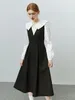 Casual Kleider FSLE Puppe Hals Organ Plissee Kleid Frauen Herbst Winter Elegant Schwarz Weiß Kontrastfarbe Hohe Taille Gefälschte Zweiteilige Rock Weiblich 230329