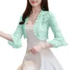 Women's Blouses Womens Sweet Sheer Cropped 3/4 Sleeve Floral Lace Elegant Ruffle Collar Crop Cardigans Open Front Draped Cardigan Tops