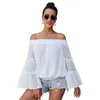 Dames T-shirts losse wijd uitlopende mouw Off-shoulder gegolfde stip Zwitserse chiffon shirt top