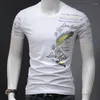 Heren t shirts korte mouw t-shirt casual veren print t-shirt stretch katoen o-neck zomer zwarte tops tees letter grafische kleding