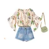 16101 New Summer Kids Girls Clothing Sets One-line Shoulder Florals Tops with Denim Shorts 2pcs Children Girl Outfits