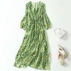 Casual Dresses 2023 Spring Summer Women's Green Dress Real Silk V-Neck Elegant For Women Ruffles Floral Woman Long A-Line